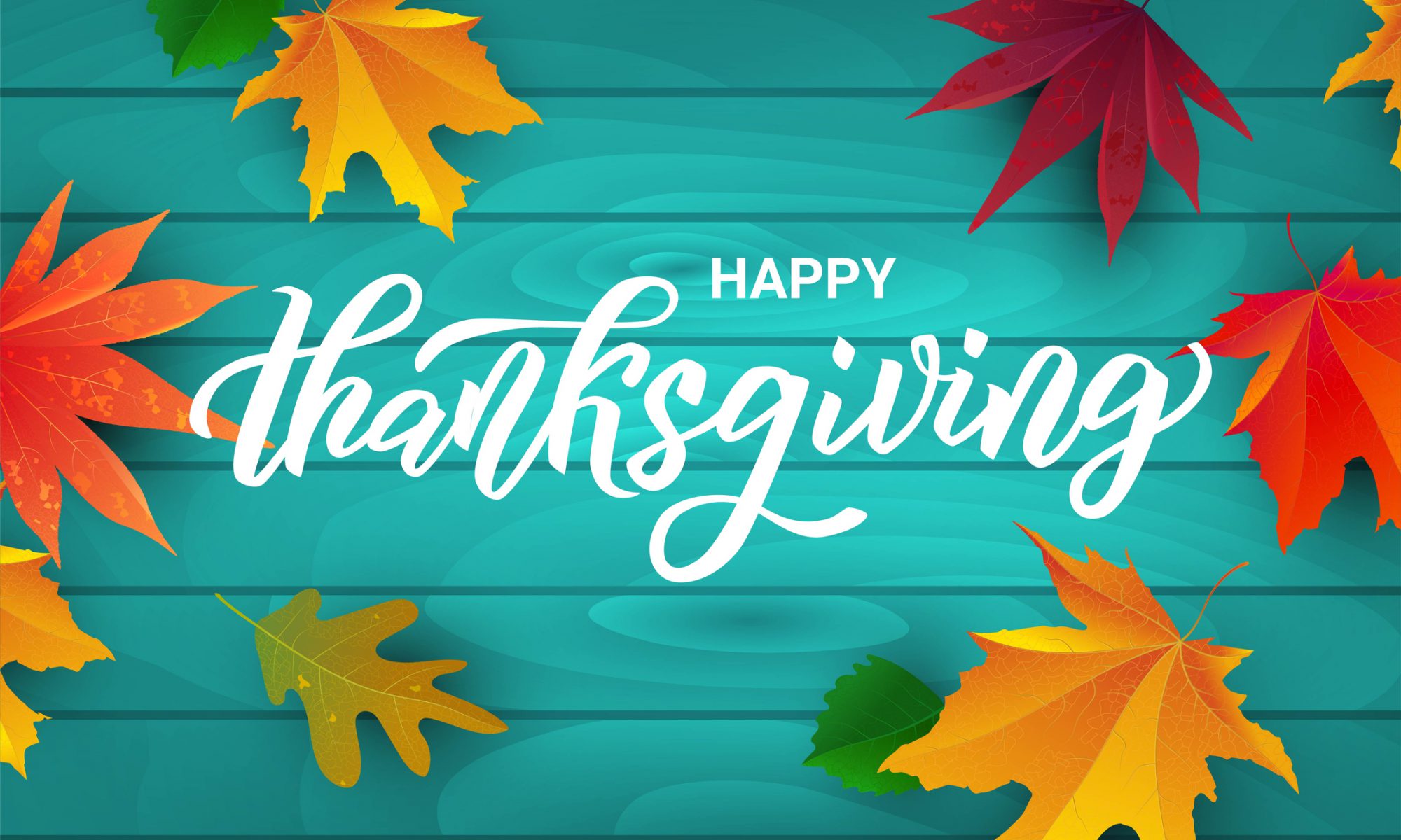 Happy Thanksgiving background with teal boards, and festive colorful leaves